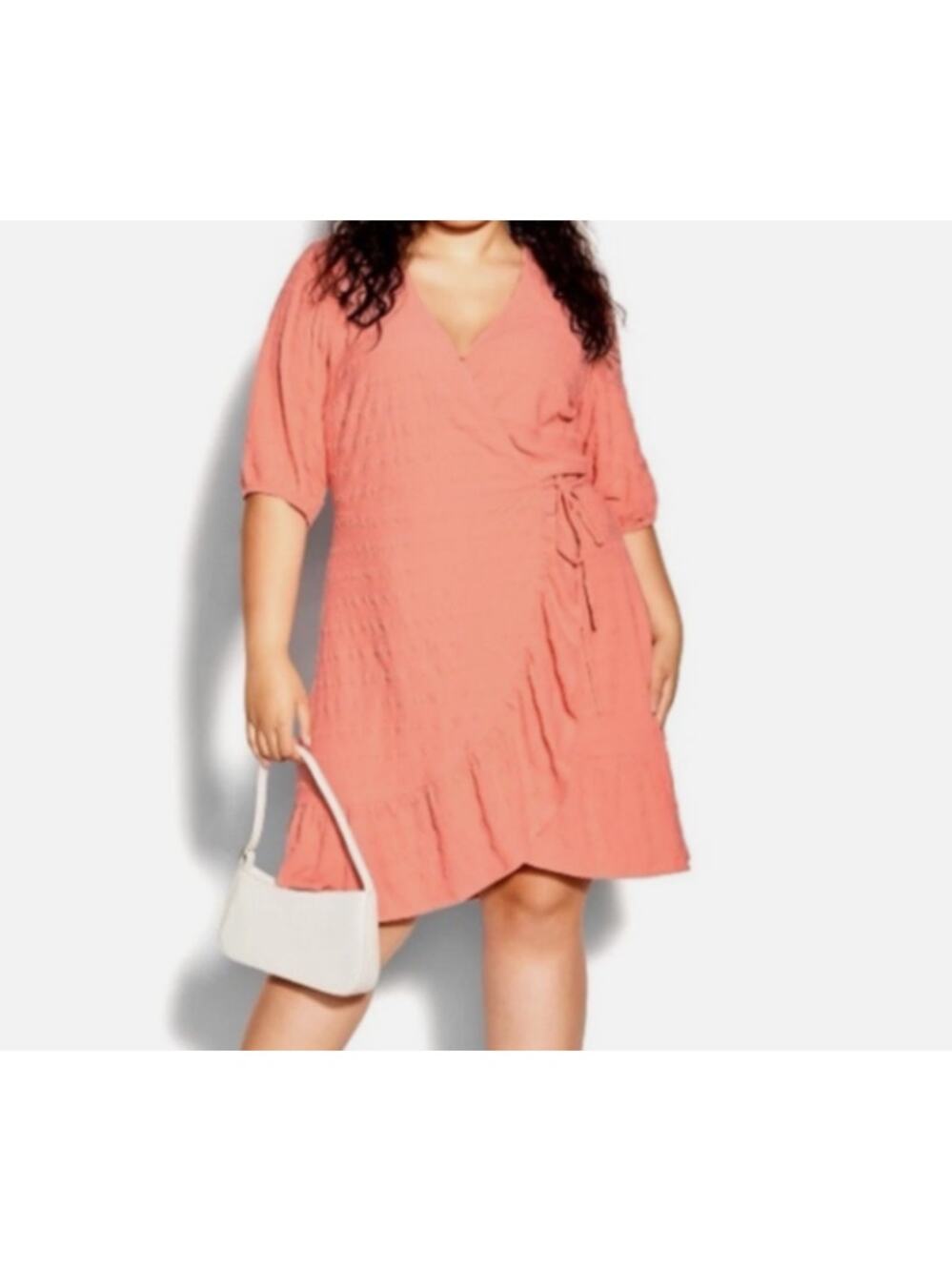 CITY CHIC Peach Sweet Romance Puff Sleeve Ruffle Wrap Mini Dress XL 22 NWT